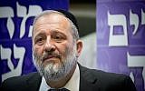Interior Minister and Shas party leader MK Aryeh Deri gives a statement to the press during a Shas faction meeting in the Knesset, Jerusalem, May 30, 2019. (Yonatan Sindel/Flash90)