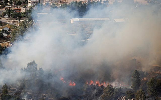 A fire outside the farming community of Even Sapir, west of Jerusalem, is seen on June 4, 2019. (Noam Revkin Fenton/Flash90) A fire outside the farming community of Even Sapir, west of Jerusalem, is seen on June 4, 2019. (Noam Revkin Fenton/Flash90)
