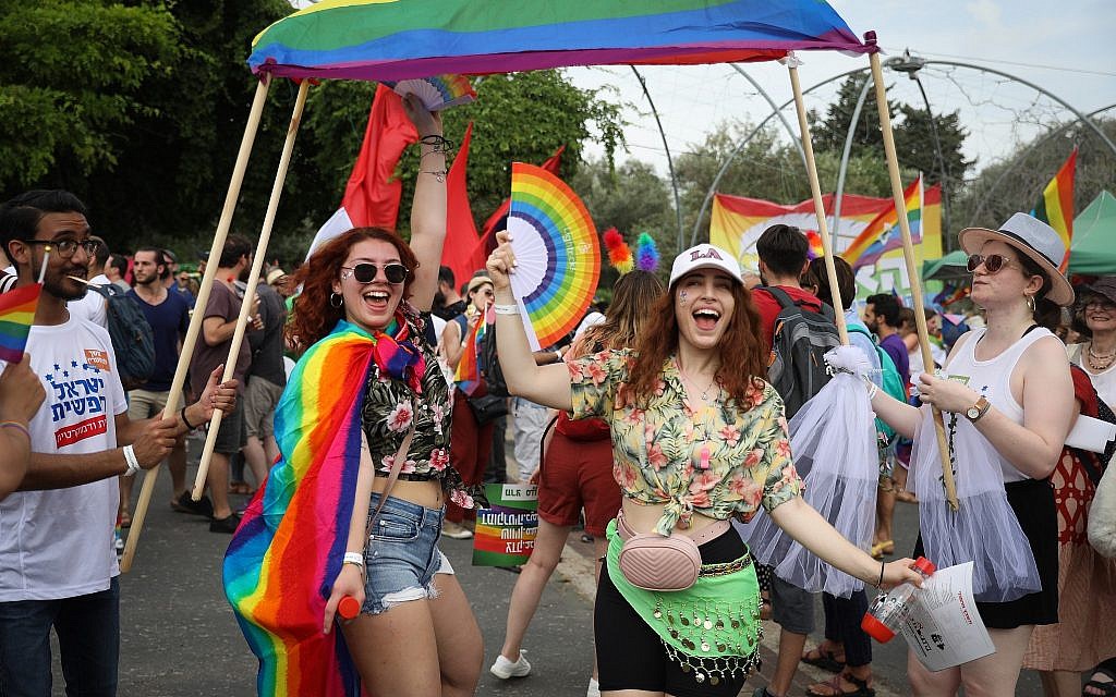People take part in the annual Gay Pride parade in Jerusalem on June 6, 2019. (Noam Revkin Fenton/Flash90) People take part in the annual Gay Pride parade in Jerusalem on June 6, 2019. (Noam Revkin Fenton/Flash90)