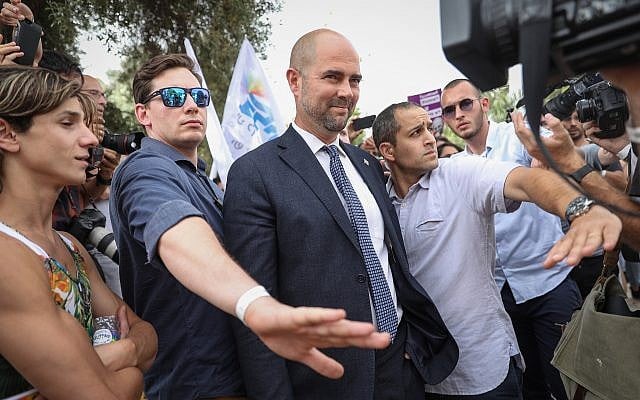 Justice Minister Amir Ochana attends the annual Gay Pride Parade in Jerusalem, on June 6, 2019. (Noam Revkin Fenton/Flash90)