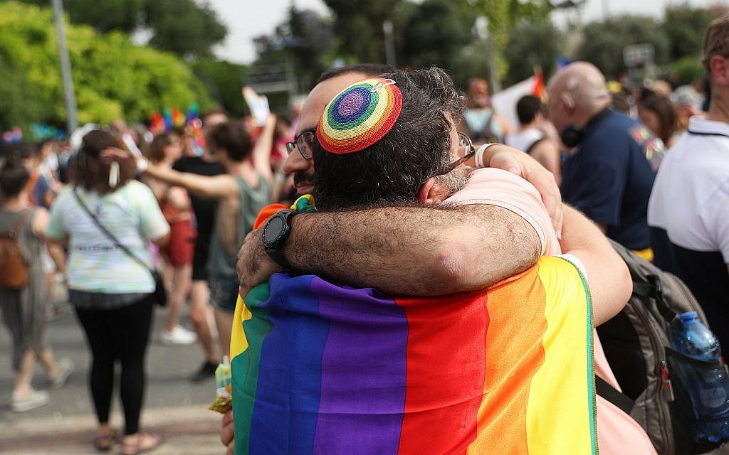 People take part in the annual Gay Pride Parade in Jerusalem on June 6, 2019. (Yonatan Sindel/Flash90) People take part in the annual Gay Pride Parade in Jerusalem on June 6, 2019. (Yonatan Sindel/Flash90)