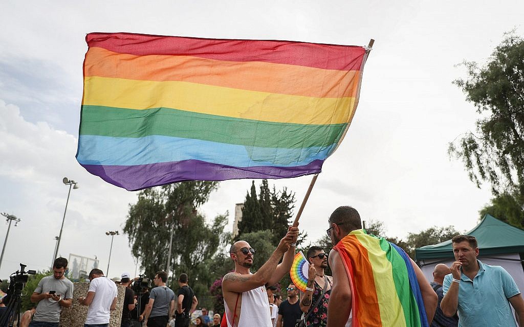 People take part in the annual Gay Pride Parade in Jerusalem, on June 6, 2019. (Yonatan Sindel/Flash90) People take part in the annual Gay Pride Parade in Jerusalem, on June 6, 2019. (Yonatan Sindel/Flash90)