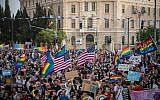 Thousands of people take part in the annual Gay Pride Parade in Jerusalem, on June 6, 2019. (Yonatan Sindel/Flash90)