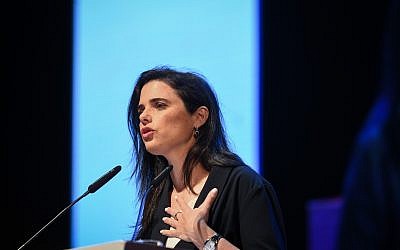 Former Justice Minister Ayelet Shaked speaks at a conference at the Tel Aviv University, on June 11, 2019. (Flash90)