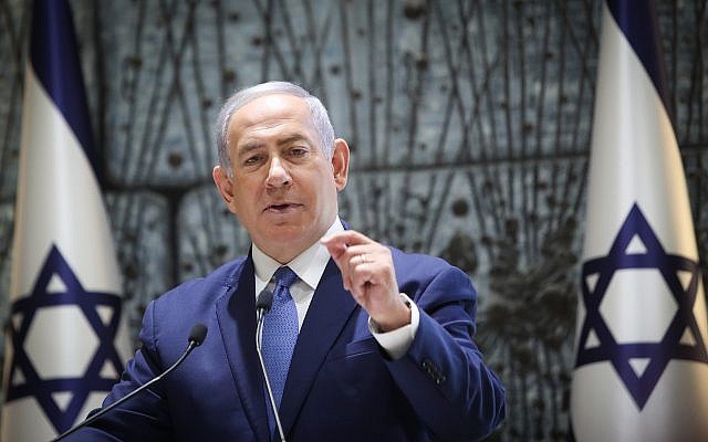 Prime Minister Benjamin Netanyahu speaks at a ceremony in memory of Israeli presidents and prime ministers who passed away, held  at the President's Residence in Jerusalem on June 17, 2019. (Noam Revkin Fenton/Flash90)