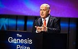 Prime Minister Benjamin Netanyahu speaks during the Genesis Prize ceremony, at the Jerusalem theater on June 20, 2019. (Flash90)