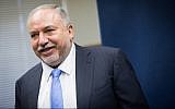 Yisrael Beytenu party chief Avigdor Liberman leads a faction meeting at the Knesset, on June 24, 2019. (Noam Revkin Fenton/Flash90)