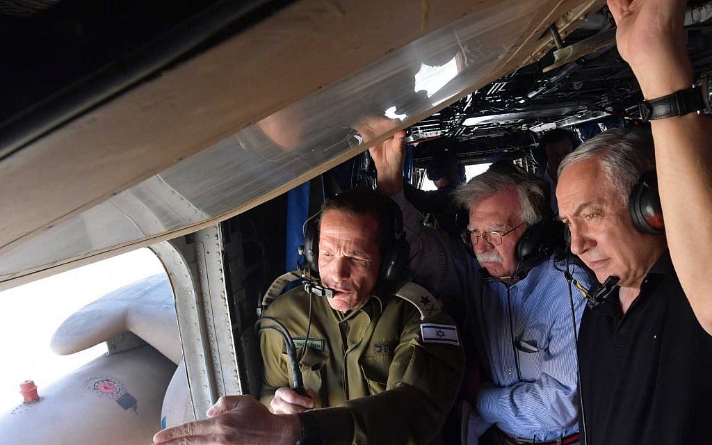 US National Security Adviser John Bolton, (2nd L) tours the Jordan Valley with Prime Minister Benjamin Netanyahu via helicopter on June 23, 2019. (Haim Zach/GPO) US National Security Adviser John Bolton, (2nd L) tours the Jordan Valley with Prime Minister Benjamin Netanyahu via helicopter on June 23, 2019. (Haim Zach/GPO)