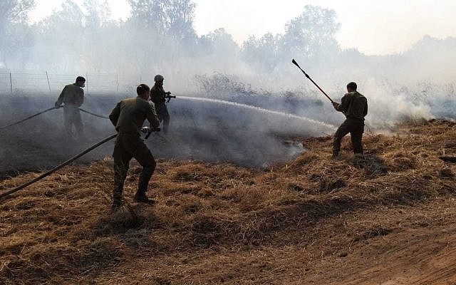 Firefighters battle a brushfire in southern Israel near the Gaza border that was started by an incendiary device launched from the Gaza Strip on June 24, 2019. (Yankele Grossfeld/Sha'ar Hanegev Regional Council)
