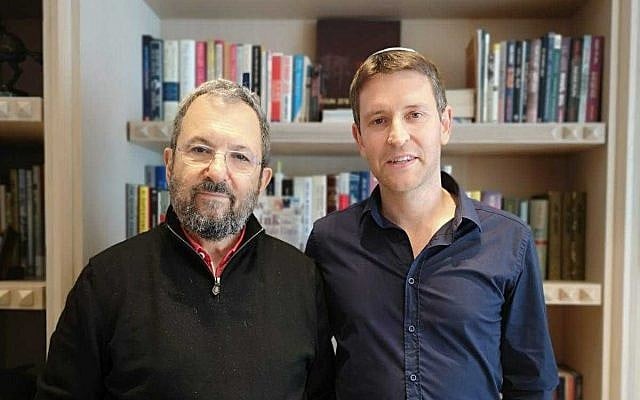 Former Labor party candidate Yair Fink (R) with former prime minister Ehud Barak, June 30, 2019. (Courtesy) Former Labor party candidate Yair Fink (R) with former prime minister Ehud Barak, June 30, 2019. (Courtesy)