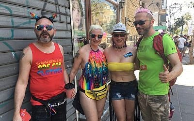 Celebrants from Gan Yavneh at the Tel Aviv Pride Parade, June 14, 2019 (Simona Weinglass/Times of Israel)