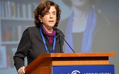 Maud Mandel, the president of Williams College, speaking at the Association of Jewish Studies conference in Boston, December 16, 2018. (Tim Correira via JTA)