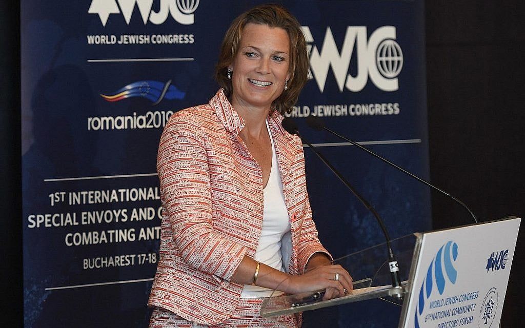 Katharina von Schnurbein speaks at a conference of anti-Semitism envoys in Bucharest, Romania, June 17, 2019. (Shahar Azran/World Jewish Congress via JTA) Katharina von Schnurbein speaks at a conference of anti-Semitism envoys in Bucharest, Romania, June 17, 2019. (Shahar Azran/World Jewish Congress via JTA)