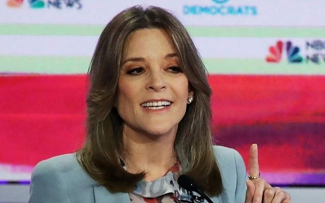 Jewish self-help author Marianne Williamson makes a point on the second night of NBC's 2020 Democratic Presidential candidates' debate in Miami, Florida on June 27, 2019. (Drew Angerer/Getty Images) Jewish self-help author Marianne Williamson makes a point on the second night of NBC's 2020 Democratic Presidential candidates' debate in Miami, Florida on June 27, 2019. (Drew Angerer/Getty Images)