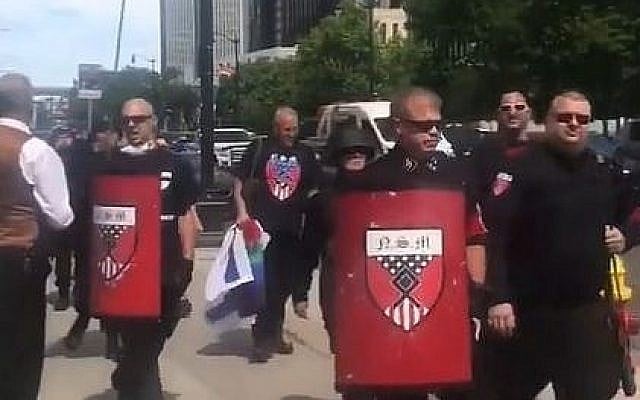 Screen capture from video of white nationalist protesters at the Motor City Pride event, Detroit, Michigan, June 8, 2019. (YouTube) Screen capture from video of white nationalist protesters at the Motor City Pride event, Detroit, Michigan, June 8, 2019. (YouTube)