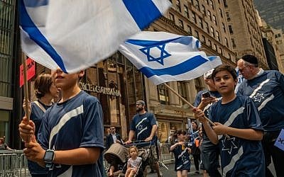 People wave flags during the annual Celebrate Israel Parade on June 2, 2019 in New York City. (David Dee Delgado/Getty Images/AFP)