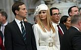 Ivanka Trump and Jared Kushner look on as US President Donald Trump places a wreath on the Grave of the Unknown Warrior during a tour of Westminster Abbey in central London, June 3, 2019. (Stefan Rousseau/Pool Photo via AP)