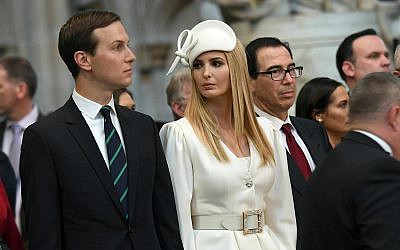 Ivanka Trump and Jared Kushner look on as US President Donald Trump places a wreath on the Grave of the Unknown Warrior during a tour of Westminster Abbey in central London, June 3, 2019. (Stefan Rousseau/Pool Photo via AP)