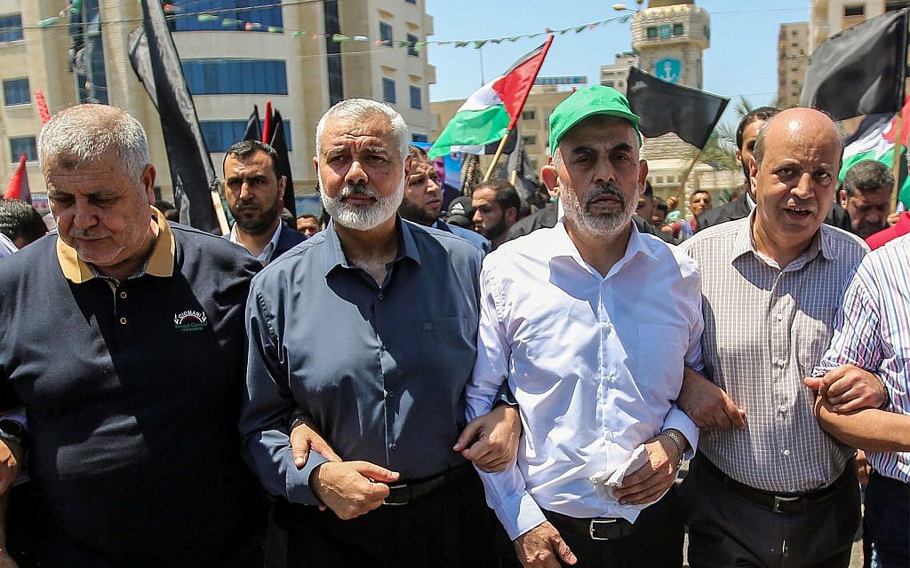 Hamas leaders Ismail Haniyeh (center-left) and Yahya Sinwar (center-right) in Gaza City, June 26, 2019. (Hassan Jedi/Flash90)
