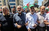 Hamas leaders Ismail Haniyeh (center-left) and Yahya Sinwar (center-right) in Gaza City, June 26, 2019. (Hassan Jedi/Flash90)