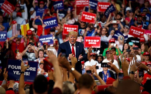 US President Donald Trump reacts to the crowd after speaking during his re-election kickoff rally at the Amway Center in Orlando, Florida, June 18, 2019. (AP Photo/Evan Vucci) US President Donald Trump reacts to the crowd after speaking during his re-election kickoff rally at the Amway Center in Orlando, Florida, June 18, 2019. (AP Photo/Evan Vucci)