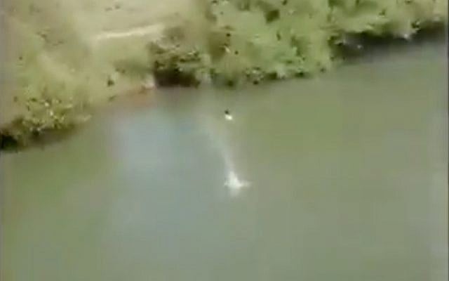 Masked assailants fire on a man swimming in the Jordan River, June 28, 2019. (Screen capture) Masked assailants fire on a man swimming in the Jordan River, June 28, 2019. (Screen capture)