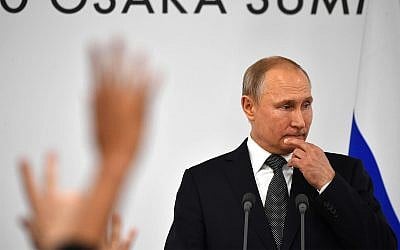 Russian President Vladimir Putin during a press conference on the sidelines of the G20 summit in Osaka, Japan, June 29, 2019. (Yuri Kadobnov/Pool Photo via AP)