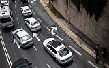 Illustrative: vehicles in a traffic jam in Jerusalem, April 21, 2019. (Yonatan Sindel/Flash90)