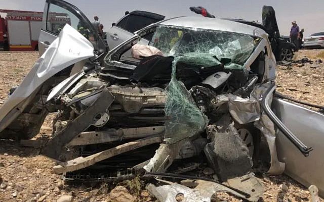 A car that took part in a head-on collision on Route 90 in the Arava region on June 6, 2019. (Fire and Rescue Services) A car that took part in a head-on collision on Route 90 in the Arava region on June 6, 2019. (Fire and Rescue Services)