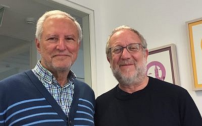 Prof. Mohammed Dajani (left) and Yossi Klein Halevi at The Times of Israel's office in Jerusalem, May 2019 (ToI staff)