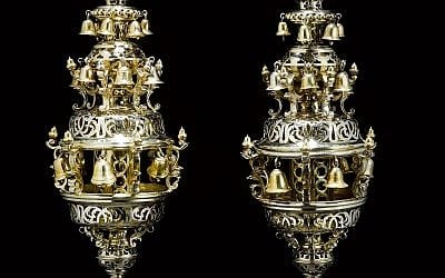 A pair of English parcel-gilt silver Torah finials, from 1764, by British silversmith Edward Aldridge, was acquired by the Museum of Fine Arts in Boston at a Sotheby’s Judaica auction in New York. (Courtesy Museum of Fine Arts/via JTA)
