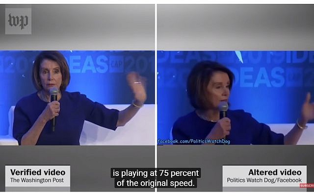 Washington Post comparison of altered video of US Speaker of the House of Representatives Nancy Pelosi versus the original version. (YouTube screen capture) Washington Post comparison of altered video of US Speaker of the House of Representatives Nancy Pelosi versus the original version. (YouTube screen capture)