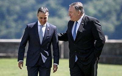 US Secretary of State Mike Pompeo (R) speaks with Swiss counterpart Ignazio Cassis at the Castelgrande during a bilateral meeting on June 2, 2019 in Bellinzona, southern Switzerland. (Photo by Fabrice COFFRINI / AFP)