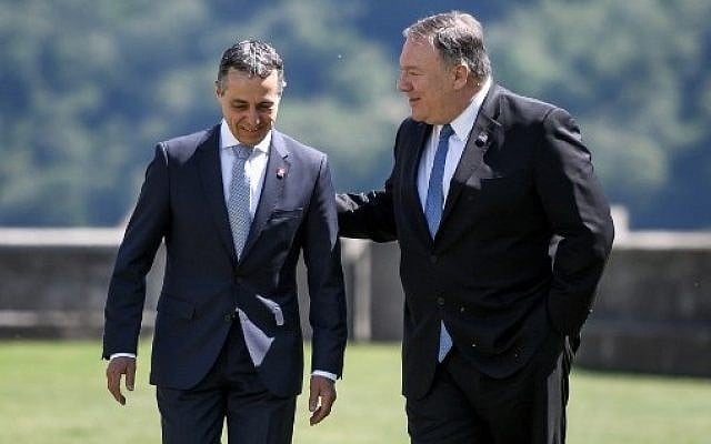 US Secretary of State Mike Pompeo (R) speaks with Swiss counterpart Ignazio Cassis at the Castelgrande during a bilateral meeting on June 2, 2019 in Bellinzona, southern Switzerland. (Photo by Fabrice COFFRINI / AFP) US Secretary of State Mike Pompeo (R) speaks with Swiss counterpart Ignazio Cassis at the Castelgrande during a bilateral meeting on June 2, 2019 in Bellinzona, southern Switzerland. (Photo by Fabrice COFFRINI / AFP)