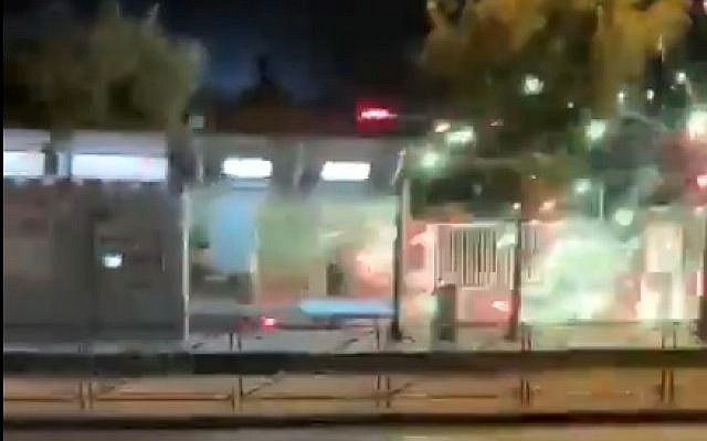 Fireworks being shot at police in Shuafat, East Jerusalem, in a video published on June 30, 2019. (Screen capture: Twitter) Fireworks being shot at police in Shuafat, East Jerusalem, in a video published on June 30, 2019. (Screen capture: Twitter)