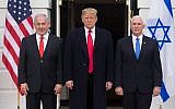 US President Donald Trump is flanked by Israeli Prime Minister Benjamin Netanyahu, left, and US Vice President Mike Pence in Washington, March 25, 2019. (Michael Reynolds – Pool/Getty Images via JTA)