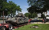A Bradley Fighting Vehicle is seen in front of the Lincoln Memorial (back right) ahead of the 'Salute to America' Fourth of July event with US President Donald Trump at the Lincoln Memorial on the National Mall in Washington, DC, on July 3, 2019. (Alastair Pike/AFP)