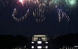 Fireworks spell out 'USA' as they explode over the Lincoln Memorial during the Fourth of July celebrations in Washington, DC, July 4, 2019. (ANDREW CABALLERO-REYNOLDS/AFP)