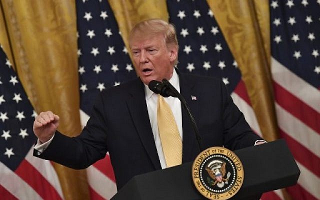 US President Donald Trump gestures as he speaks at the Presidential Social Media Summit at the White House in Washington, DC, on July 11, 2019. (Nicholas Kamm / AFP) US President Donald Trump gestures as he speaks at the Presidential Social Media Summit at the White House in Washington, DC, on July 11, 2019. (Nicholas Kamm / AFP)