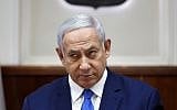 Prime Minister Benjamin Netanyahu attends the weekly cabinet meeting in Jerusalem on July 14, 2019. (Ronen Zvulun/POOL/AFP)