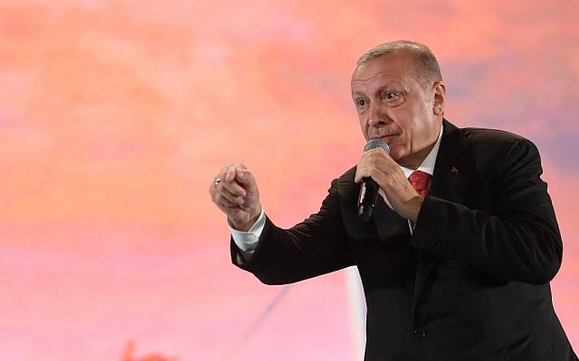 Turkish President Recep Tayyip Erdogan speaks during a rally to commemorate an attempted coup, at the Ataturk International Airport in Istanbul on July 15, 2019. (Ozan Kose/AFP) Turkish President Recep Tayyip Erdogan speaks during a rally to commemorate an attempted coup, at the Ataturk International Airport in Istanbul on July 15, 2019. (Ozan Kose/AFP)
