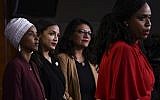 US Representatives Ayanna Pressley (D-MA) speaks as, Ilhan Abdullahi Omar (D-MN)(L), Rashida Tlaib (D-MI) (2R), and Alexandria Ocasio-Cortez (D-NY) hold a press conference, to address remarks made by US President Donald Trump earlier in the day, at the US Capitol in Washington, DC on July 15, 2019. (Brendan Smialowski / AFP)