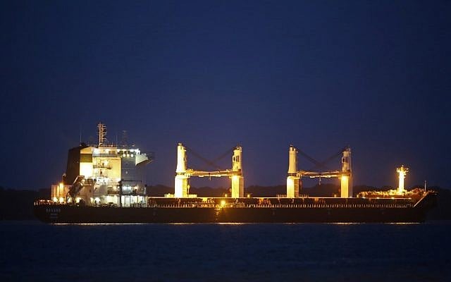 Iranian ship Bavand, loaded with 48,000 tons of corn, is seen anchored in the port of Paranagua, Brazil, on July 19, 2019.(Heuler Andrey/AFP) Iranian ship Bavand, loaded with 48,000 tons of corn, is seen anchored in the port of Paranagua, Brazil, on July 19, 2019.(Heuler Andrey/AFP)