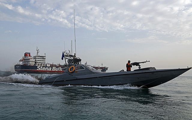 A picture taken on July 21, 2019, shows Iranian Revolutionary Guards patrolling around the British-flagged tanker Stena Impero as it's anchored off the Iranian port city of Bandar Abbas. (Hasan Shirvani / MIZAN NEWS AGENCY / AFP) A picture taken on July 21, 2019, shows Iranian Revolutionary Guards patrolling around the British-flagged tanker Stena Impero as it's anchored off the Iranian port city of Bandar Abbas. (Hasan Shirvani / MIZAN NEWS AGENCY / AFP)