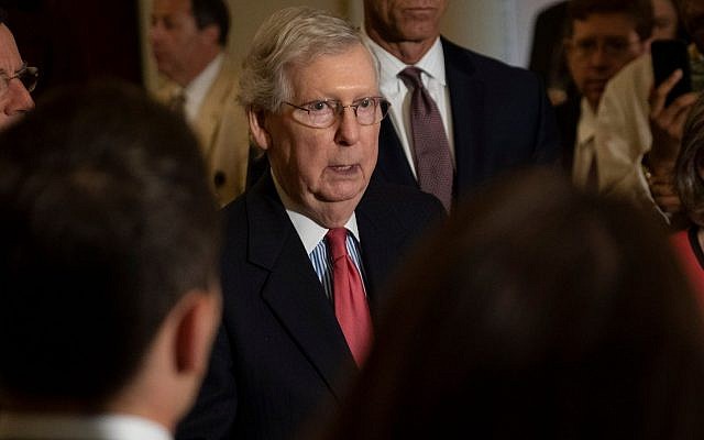 Senate Majority Leader, Mitch McConnell speaks to the media during a press conference following the Senate Republican Leadership lunches in Washington, DC on July 16, 2019. (Pete Marovich/Getty Images via JTA) Senate Majority Leader, Mitch McConnell speaks to the media during a press conference following the Senate Republican Leadership lunches in Washington, DC on July 16, 2019. (Pete Marovich/Getty Images via JTA)