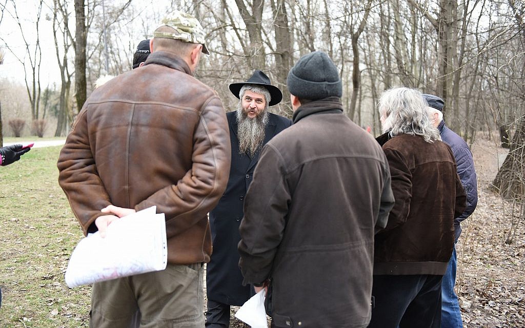 Illustrative: Rabbi Moshe Azman discussing with architects the construction of a Holocaust museum near the Babi Yar monument in Kiev, Ukraine on March 14, 2016. (Cnaan Liphshiz)