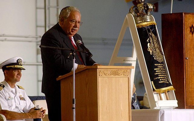 Mark Talisman speaks at a ceremony aboard the USS Harry S. Truman dedicating a Torah scroll, rescued from Lithuania, that was loaned with his help to the Navy vessel, June 24, 2007. (U.S. Navy/Wikimedia Commons via JTA) Mark Talisman speaks at a ceremony aboard the USS Harry S. Truman dedicating a Torah scroll, rescued from Lithuania, that was loaned with his help to the Navy vessel, June 24, 2007. (U.S. Navy/Wikimedia Commons via JTA)