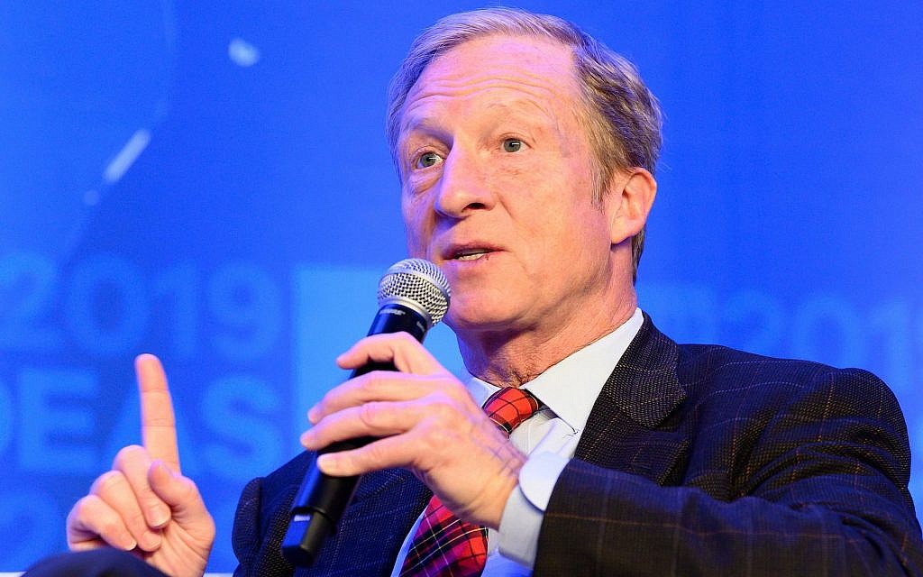 Tom Steyer speaks at the Center for American Progress conference in Washington on May 22, 2019. (Michael Brochstein/SOPA Images/ LightRocket via Getty Images/via JTA) Tom Steyer speaks at the Center for American Progress conference in Washington on May 22, 2019. (Michael Brochstein/SOPA Images/ LightRocket via Getty Images/via JTA)