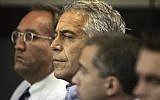 Jeffrey Epstein, center, appears in court in West Palm Beach, Florida, on July 30, 2008. (Uma Sanghvi/Palm Beach Post via AP, File)