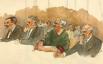 In this courtroom sketch, defendant Jeffrey Epstein, second from right, listens along with defense attorneys, from left, Marc Fernich, Michael Miller, and Martin Weinberg as Judge Richard M. Berman denies him bail during a hearing in federal court, July 18, 2019 in New York. (Aggie Kenny via AP)